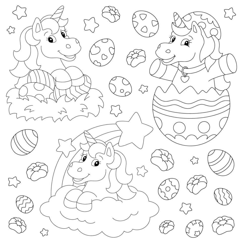 Lovely Easter unicorns. Coloring book page for kids. Cartoon style character. Vector illustration isolated on white background.