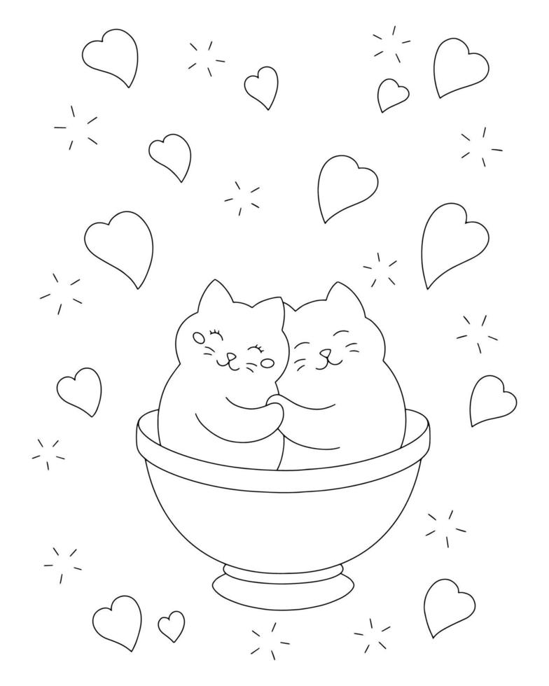 Cute cats in a cup. Coloring book page for kids. Valentine's Day. Cartoon style character. Vector illustration isolated on white background.