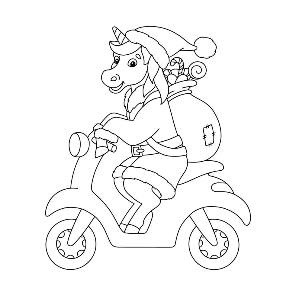 The unicorn rides a moped and carries gifts. Coloring book page for kids. Cartoon style character. Vector illustration isolated on white background.