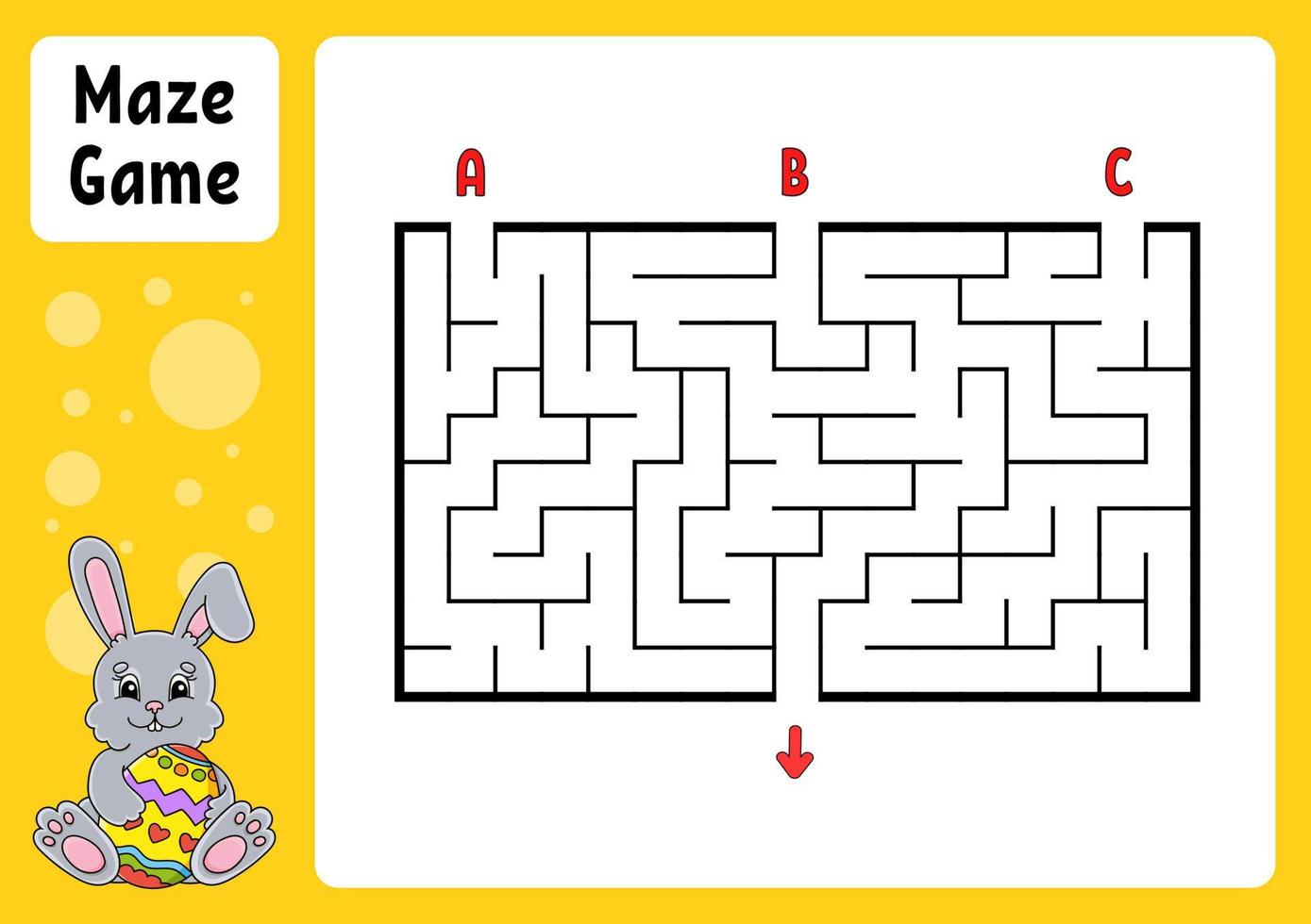 Rectangle maze. Game for kids. Three entrances, one exit. Education worksheet. Puzzle for children. Labyrinth conundrum. Color vector illustration. Find the right path. Easter theme.