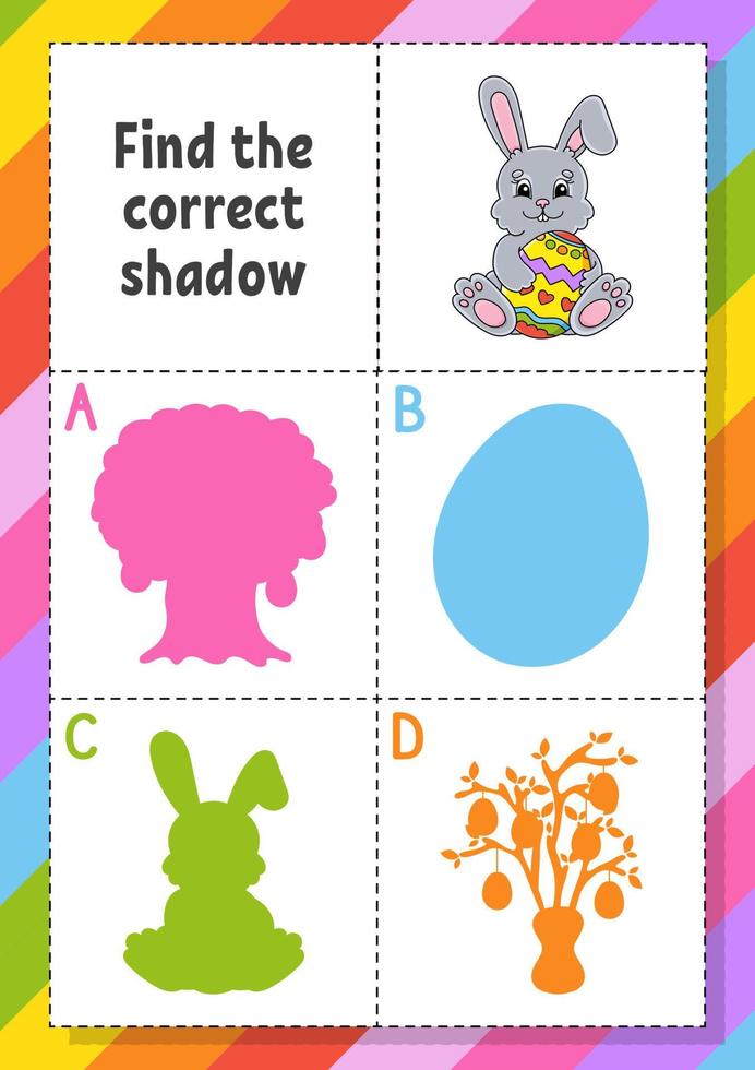 Find the correct shadow. Easter theme. Education developing worksheet for kids. Puzzle game. Activity page. cartoon character. Vector illustration.