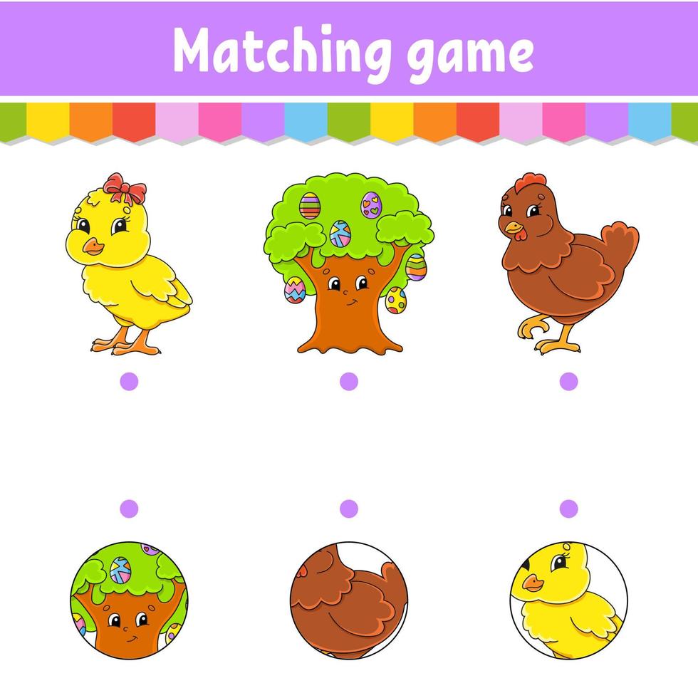 Matching game for kids. Education developing worksheet. Draw a line. Easter theme. Activity page. cartoon character. Vector illustration.
