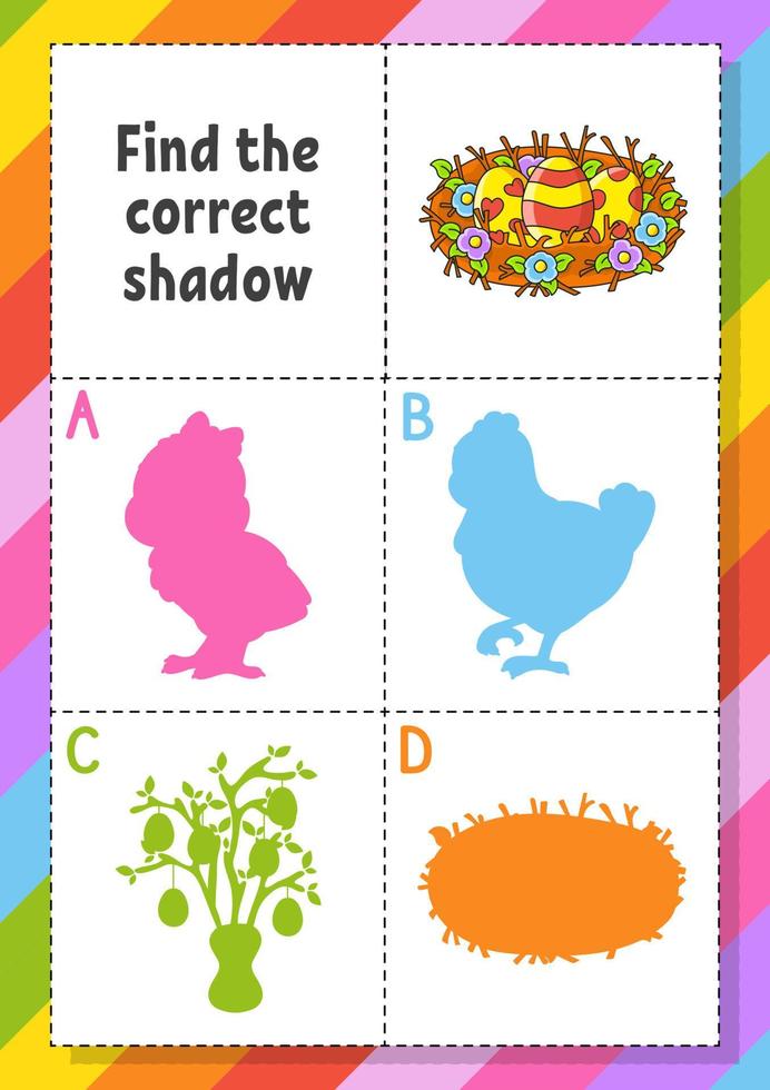 Find the correct shadow. Easter theme. Education developing worksheet for kids. Puzzle game. Activity page. cartoon character. Vector illustration.