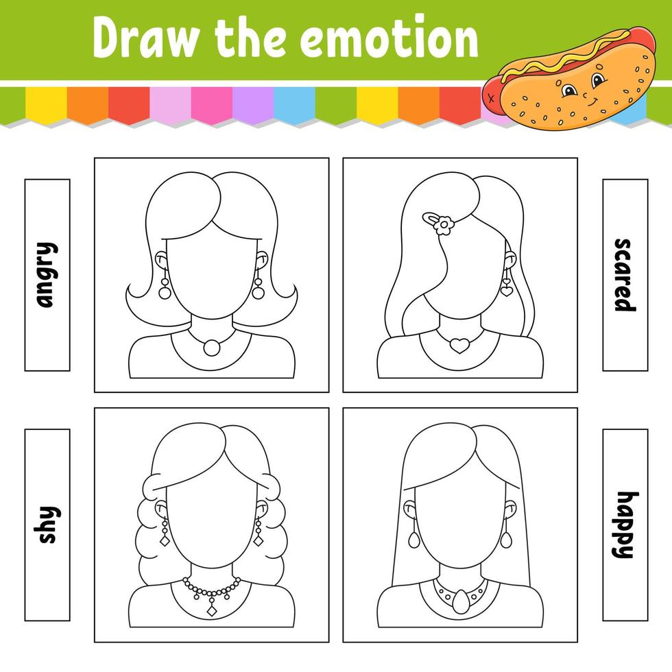 Draw the emotion. Worksheet complete the face. Coloring book for kids. Cheerful character. Vector illustration. Black contour silhouette. Isolated on white background.