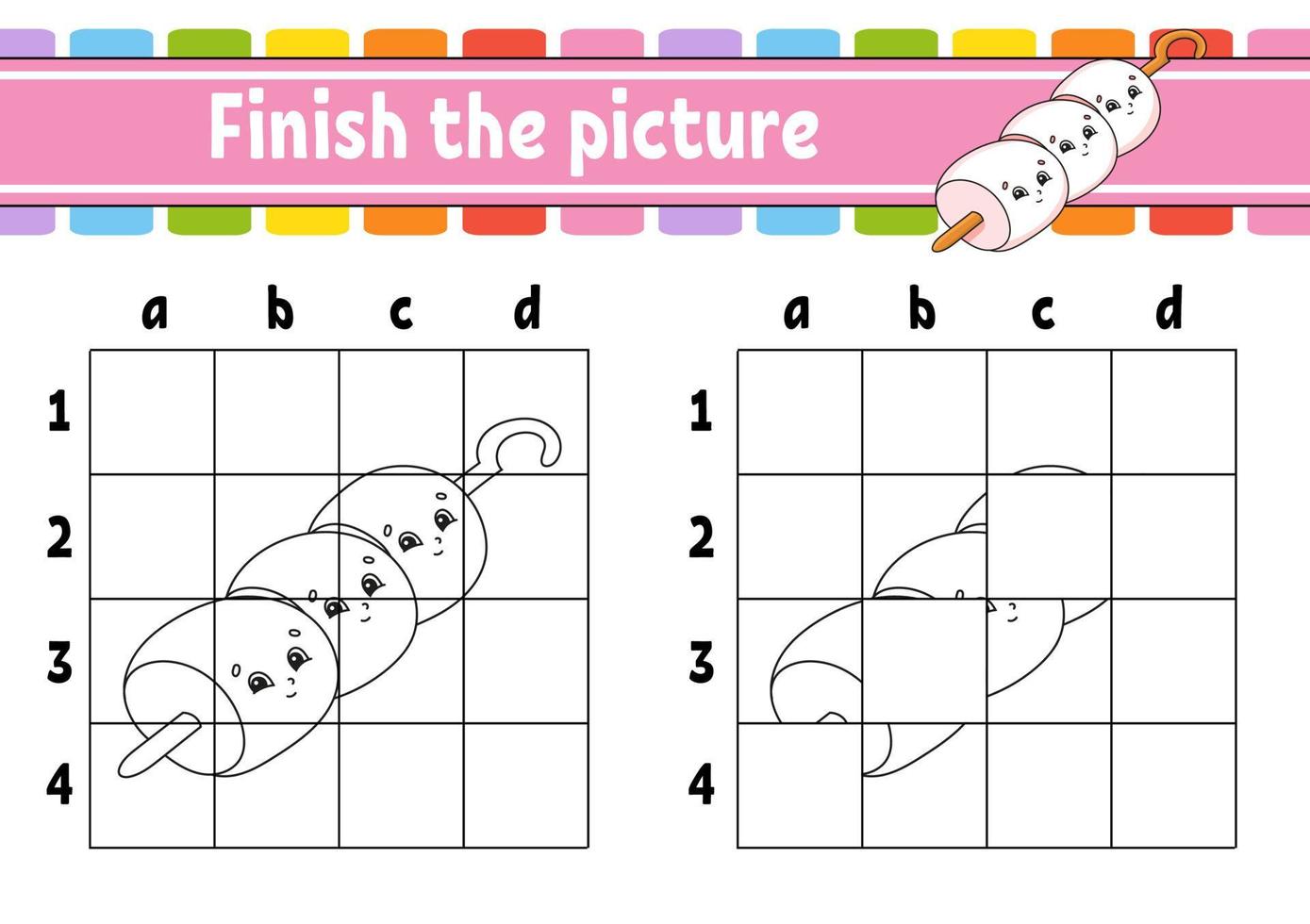 Finish the picture. Coloring book pages for kids. Education developing worksheet. Game for children. Handwriting practice. cartoon character. Vector illustration. Barbecue theme.