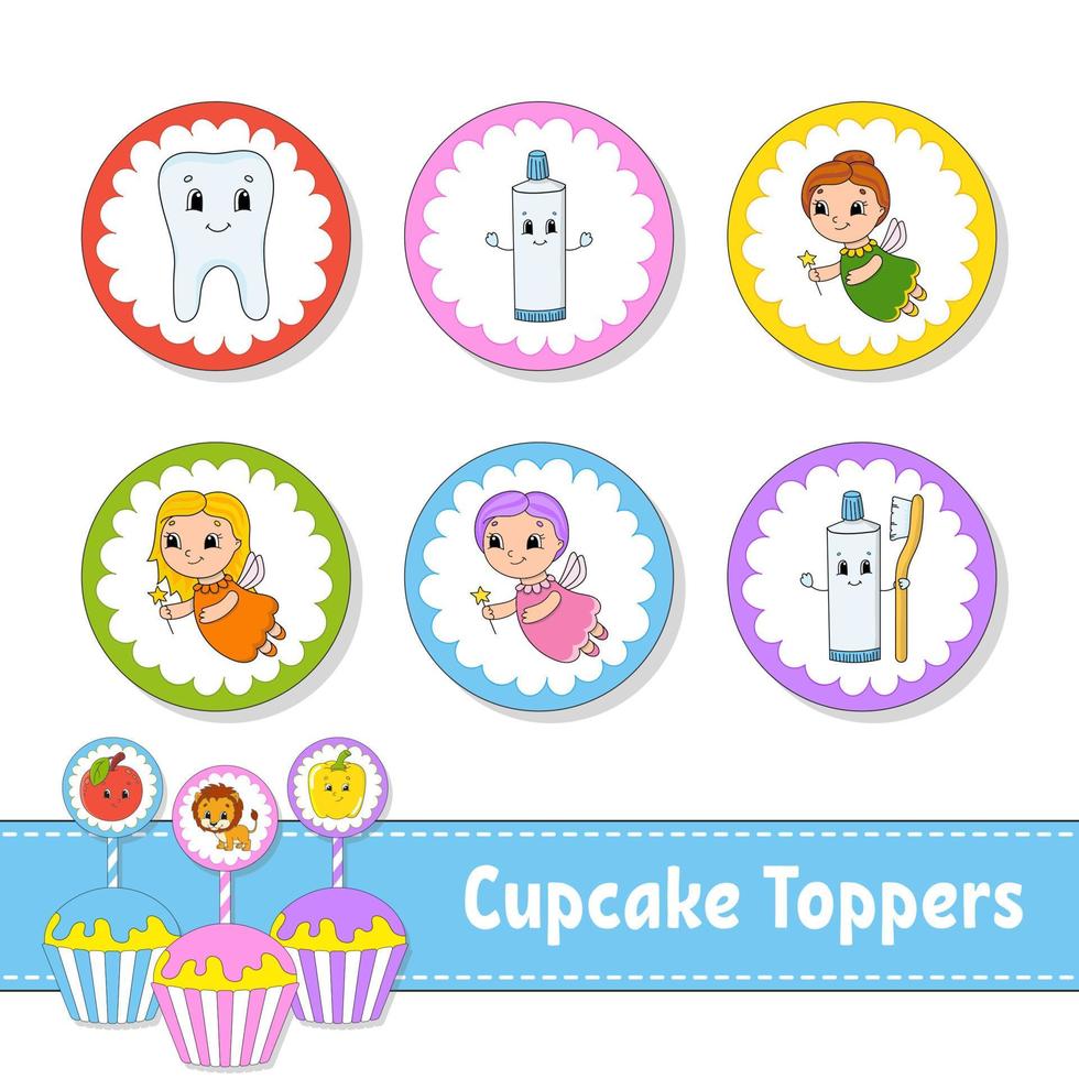 Cupcake Toppers. Set of six round pictures. cartoon characters. Cute image. For birthday, py, baby shower. vector