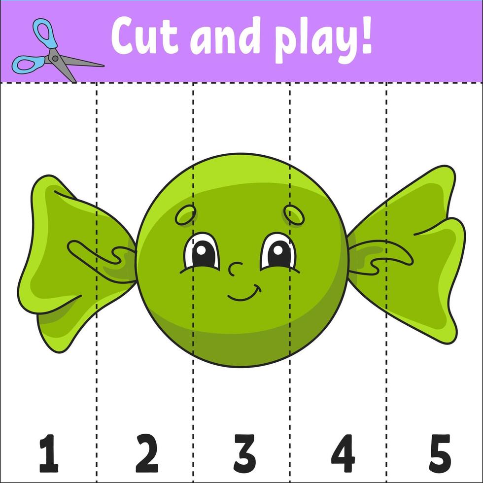 Learning numbers 1-5. Cut and play. Education worksheet. Game for kids. Color activity page. Puzzle for children. Riddle for preschool. Vector illustration. Cartoon style.