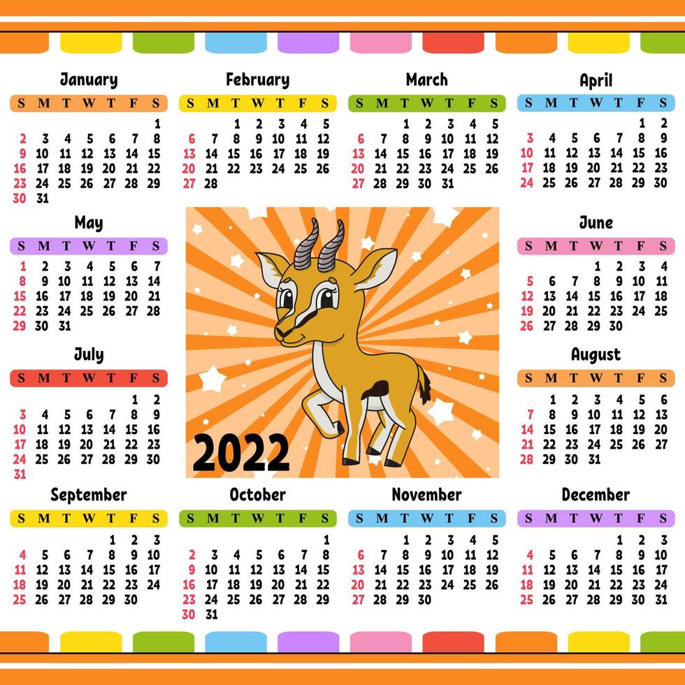 calendario para 2022 con un lindo personaje. diseño divertido y brillante. Ilustración de vector de color aislado. estilo de dibujos animados.