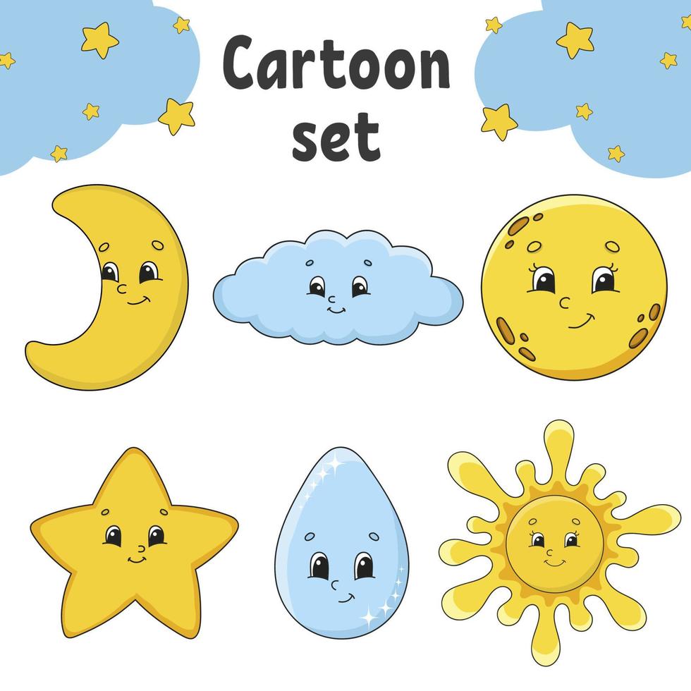 Set of stickers with cute cartoon characters. Hand drawn. Colorful pack. Vector illustration. Patch badges collection for kids. For daily planner, organizer, diary.