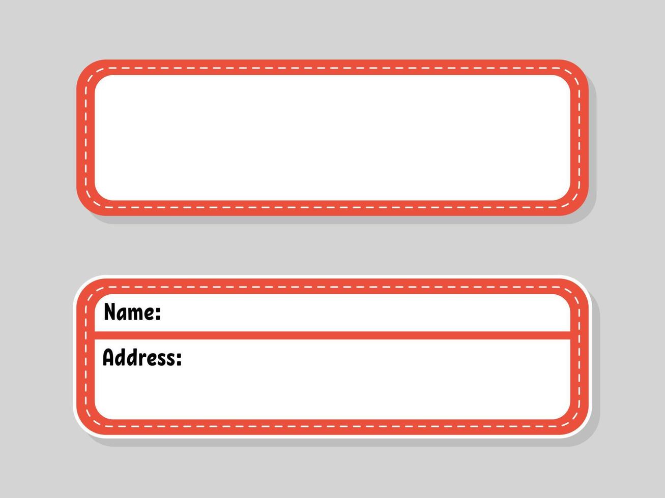 Name and address tag. For kids supplies and child clothes. Bright stickers. Rectangular label. Color vector isolated illustration.