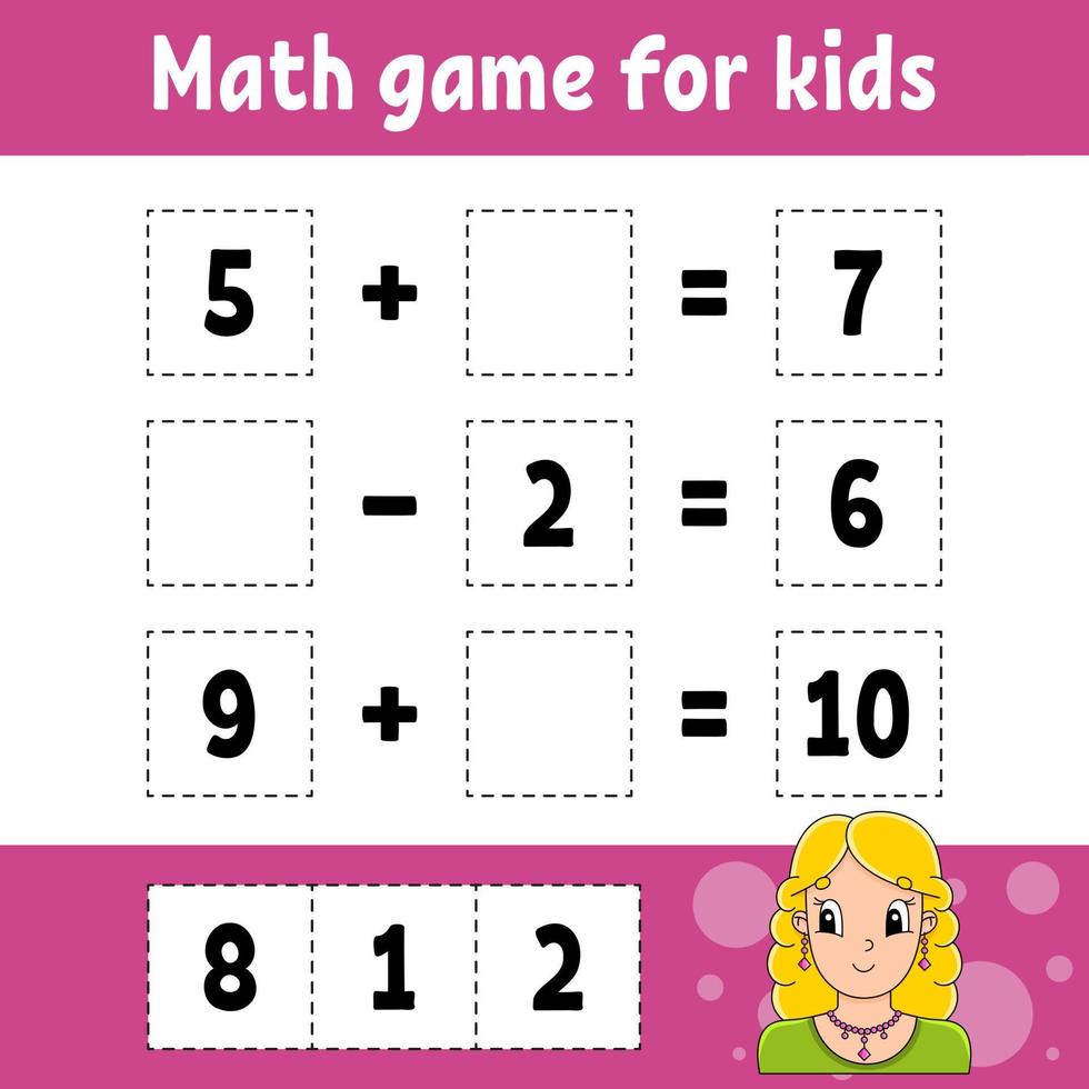 Math game for kids. Education developing worksheet. Activity page with pictures. Game for children. Color isolated vector illustration. Funny character. Cartoon style.