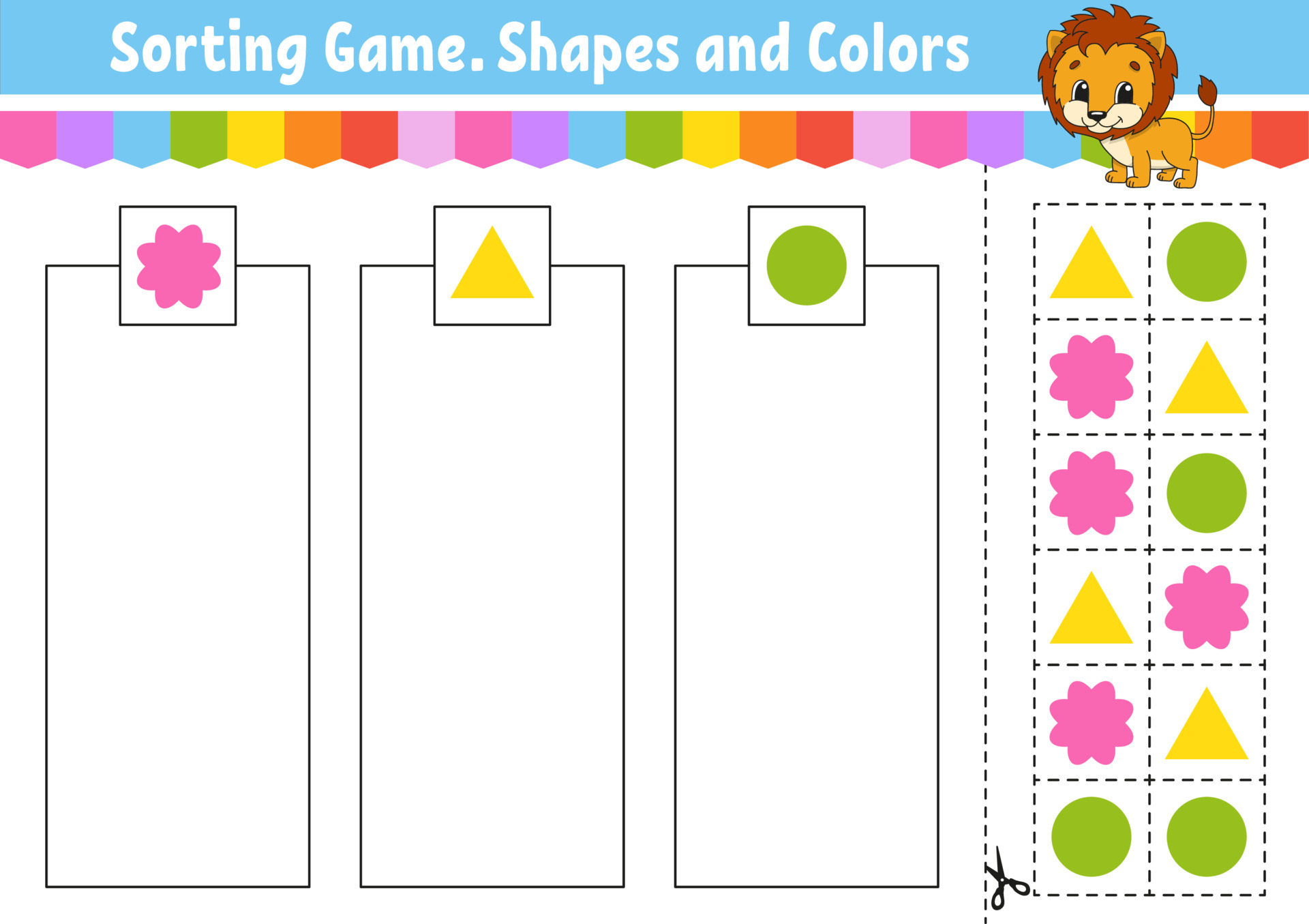 Sorting game. Shapes and colors. Cut and glue. Education