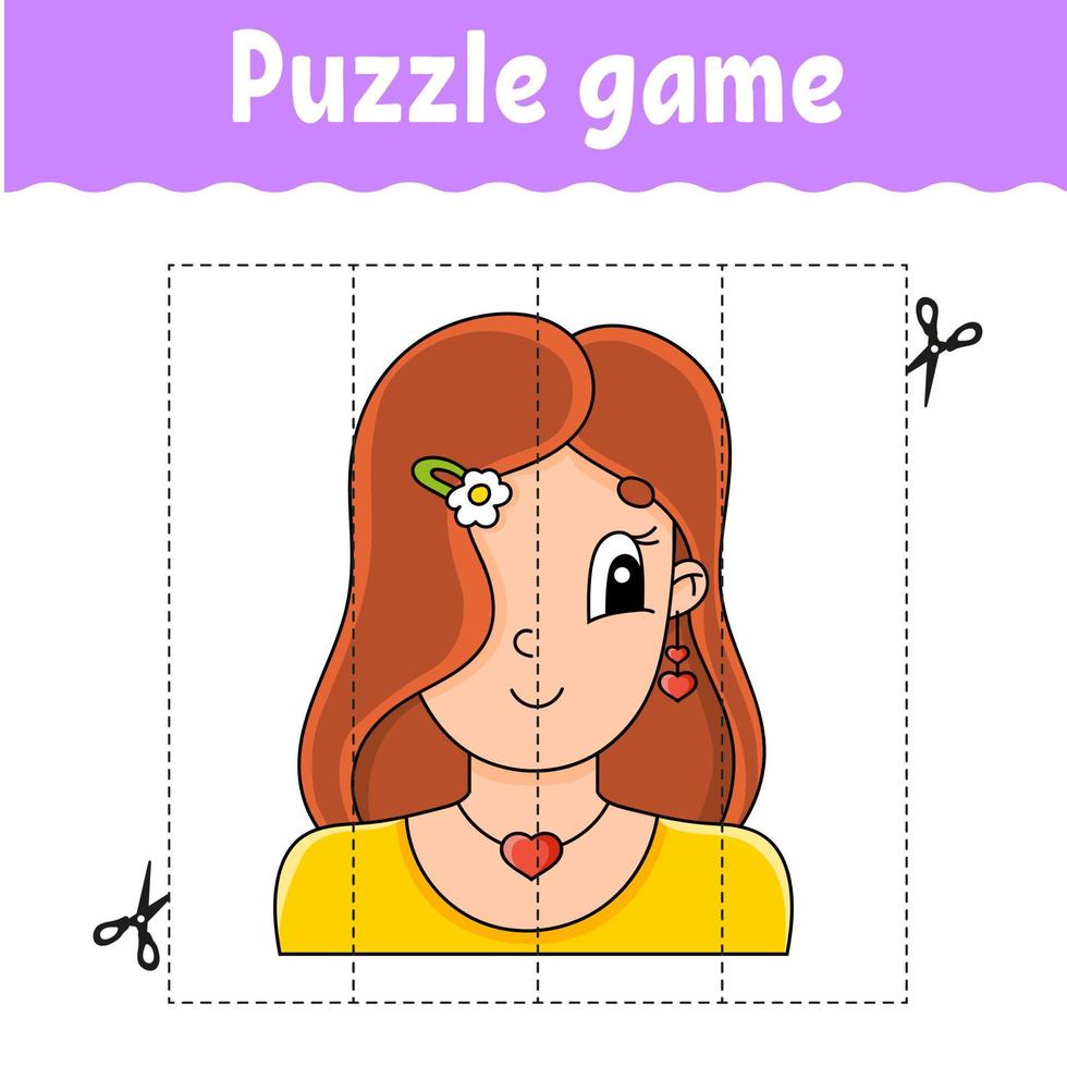 Puzzle game for kids. Cutting practice. Education developing worksheet. Activity page. cartoon character. Vector illustration.