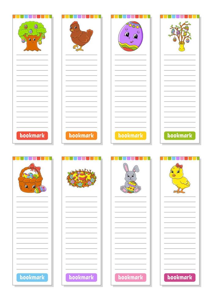 Set of paper bookmarks for books with cute cartoon characters. For kids. Color vector illustration. Easter theme.