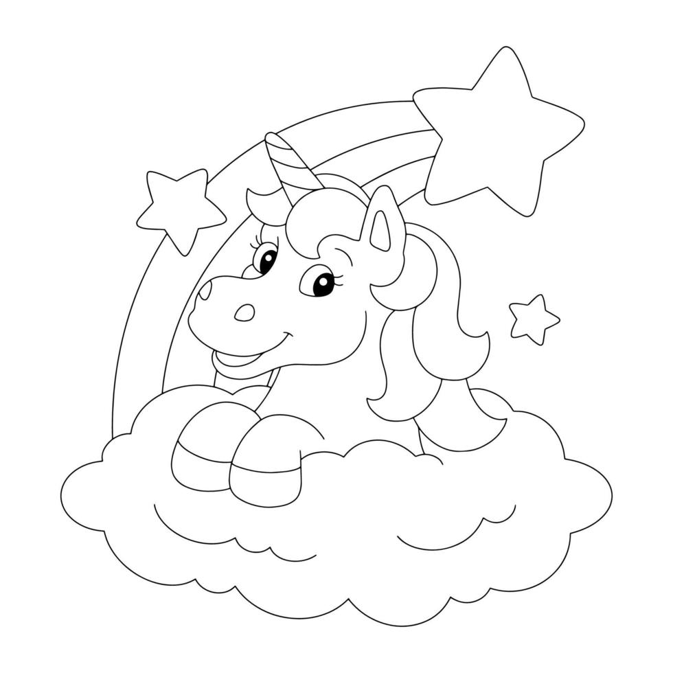 A cute unicorn jumps out of a cloud with a rainbow. Coloring book page for kids. Cartoon style character. Vector illustration isolated on white background.