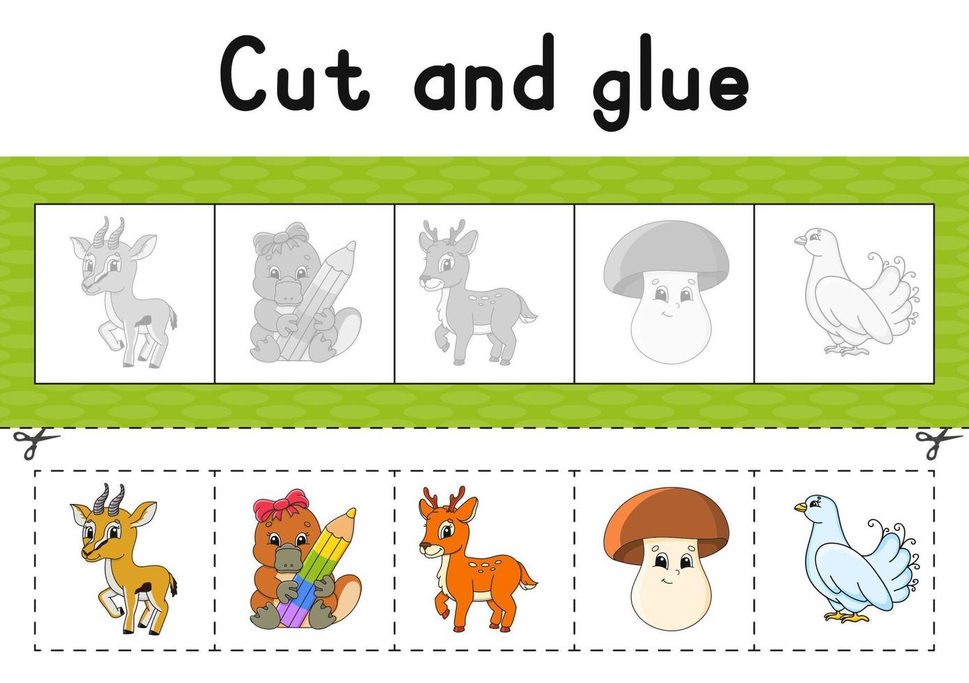 Cut and glue. Color activity worksheet for kids. Game for children. Cartoon character. Vector illustration.