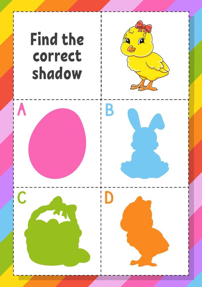 Find the correct shadow. Easter theme. Education developing worksheet for kids. Puzzle game. Activity page. cartoon character. Vector illustration.