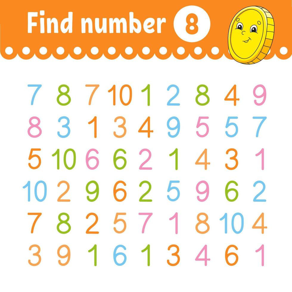 Find number. Education developing worksheet. Activity page with pictures. Game for children. Color isolated vector illustration. Funny character. cartoon style.