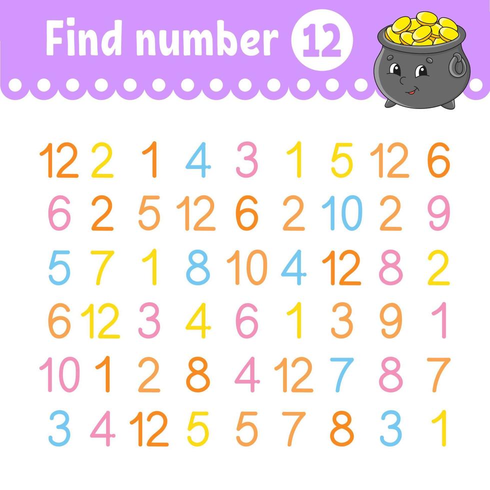 Find number. Education developing worksheet. Activity page with pictures. Game for children. Color isolated vector illustration. Funny character. cartoon style.