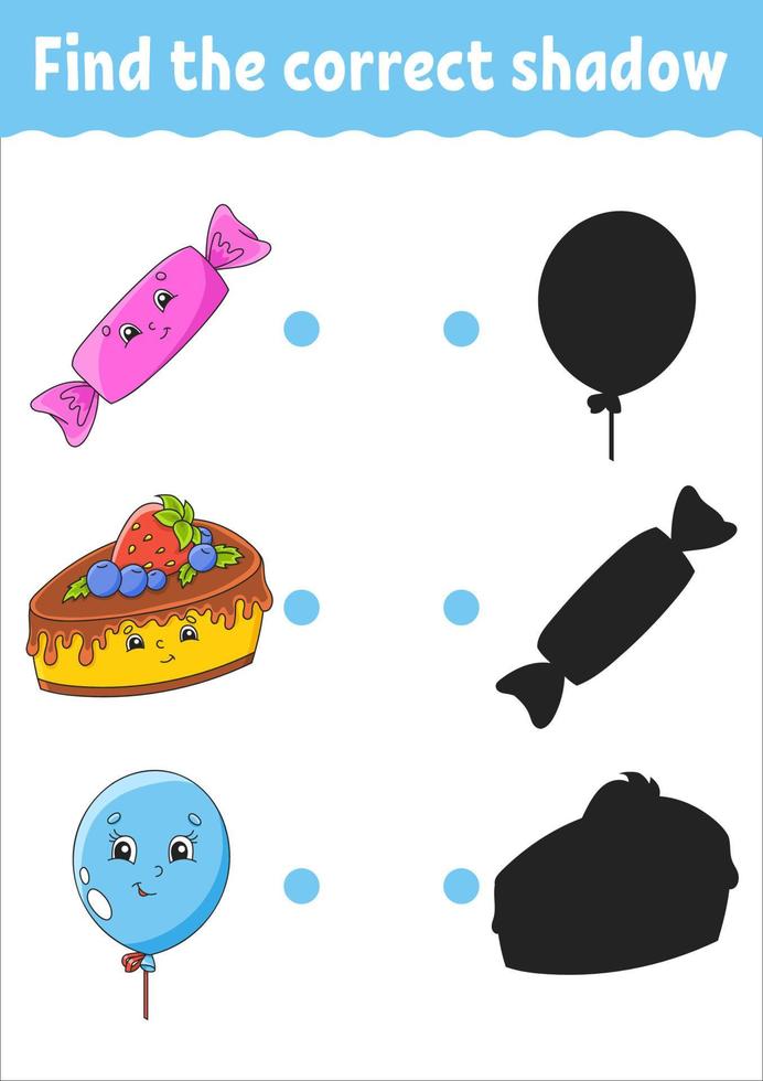 Find the correct shadow. Education developing worksheet. Matching game for kids. Color activity page. Birthday theme. Cute character. Vector illustration. Cartoon style.