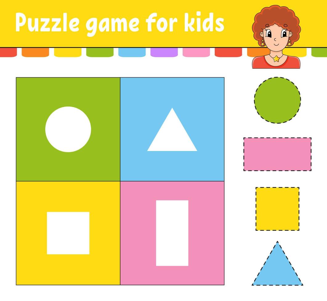 Puzzle game for kids. Cut and paste. Cutting practice. Learning shapes. Education worksheet. Circle, square, rectangle, triangle. Activity page. Cartoon character. vector