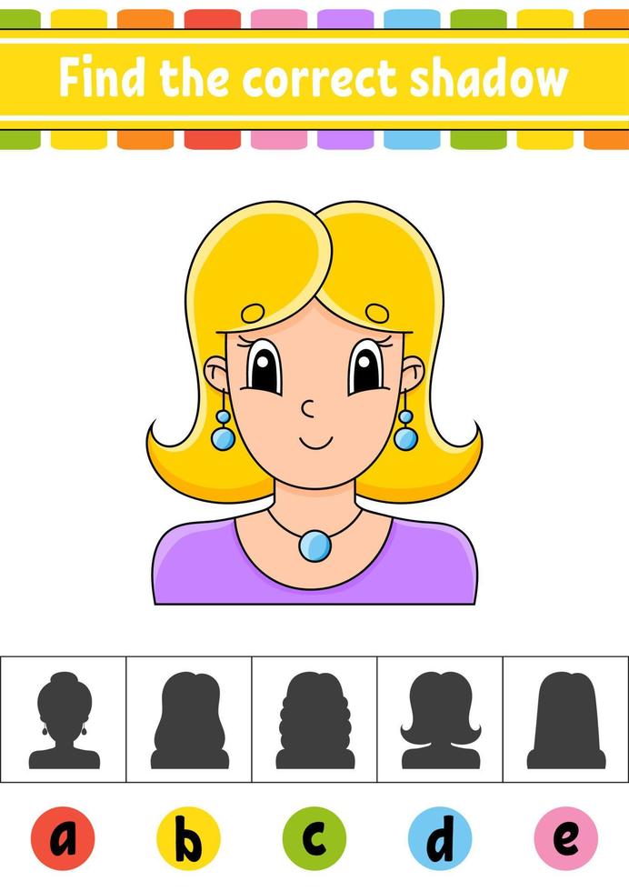 Find the correct shadow. Education developing worksheet. Activity page. Color game for children. Isolated vector illustration. Cartoon character.