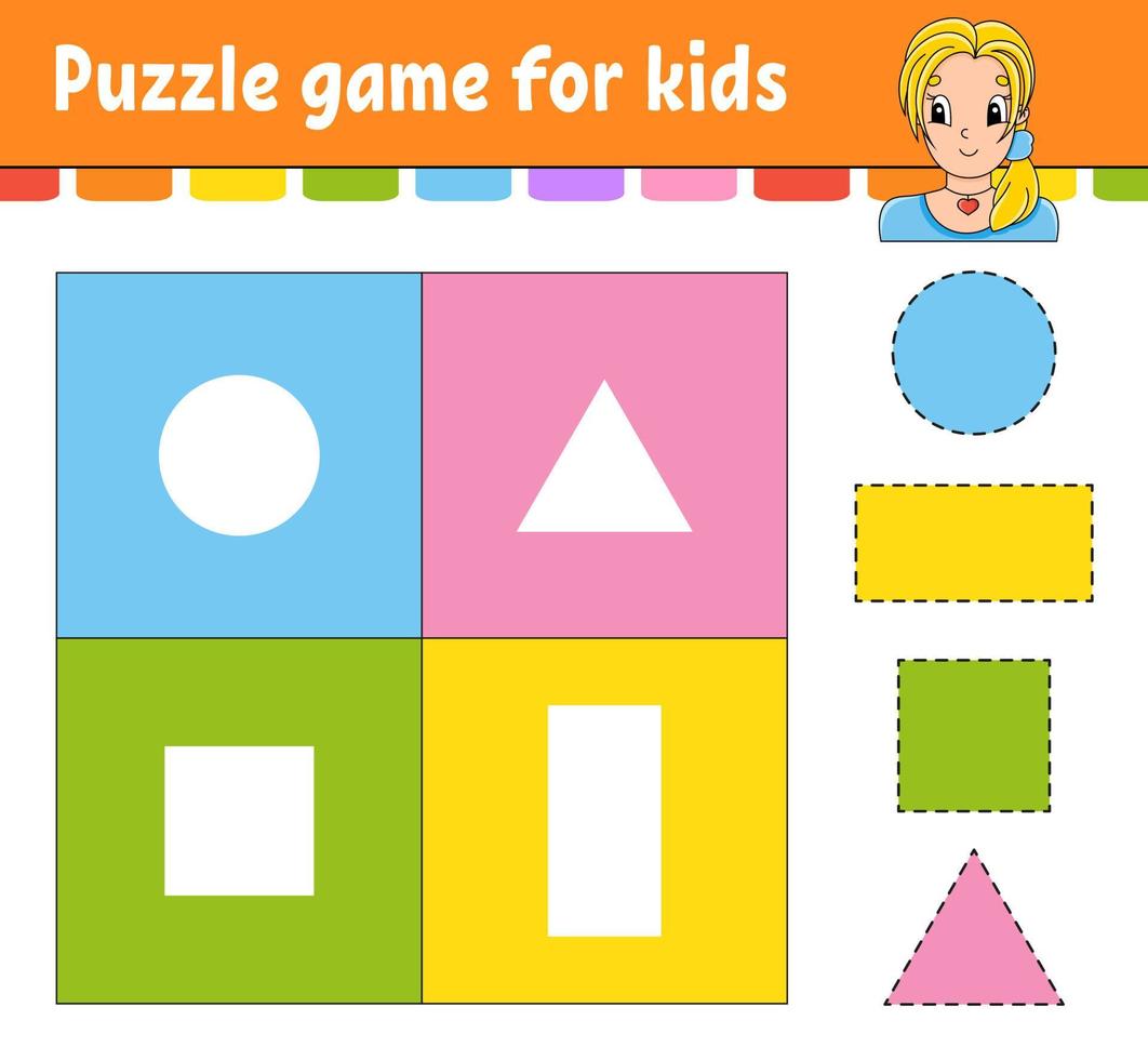 Puzzle game for kids. Cut and paste. Cutting practice. Learning shapes. Education worksheet. Circle, square, rectangle, triangle. Activity page. Cartoon character. vector