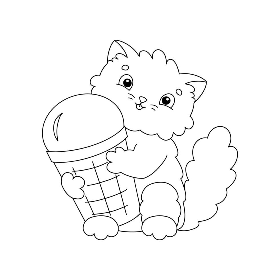 A cute fluffy cat holds delicious appetizing ice cream in its paws. Coloring book page for kids. Cartoon style. Vector illustration isolated on white background.