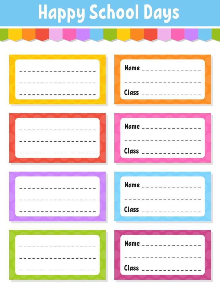 Back to school labels. Set stickers for notebook. Name and class ...