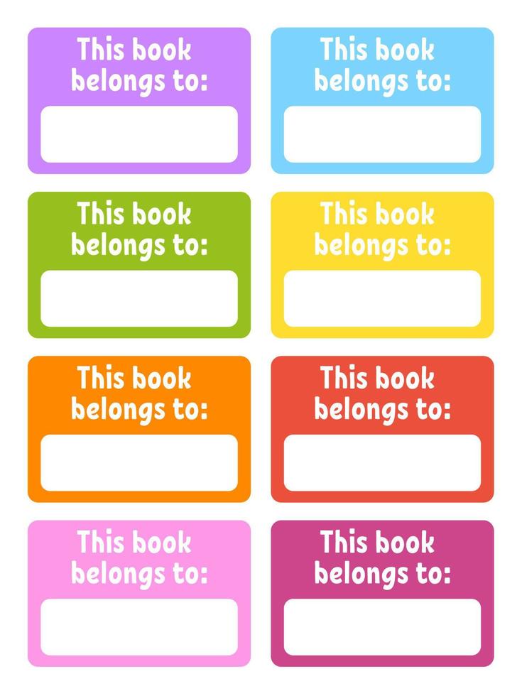 School labels for books and notebooks. Bright stickers. Rectangular label. Color vector isolated illustration.