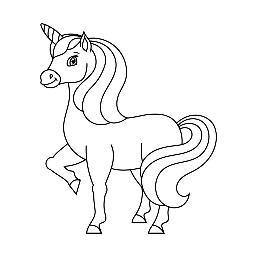 Cute unicorn. Magic fairy horse. Coloring book page for kids. Cartoon style. Vector illustration isolated on white background.