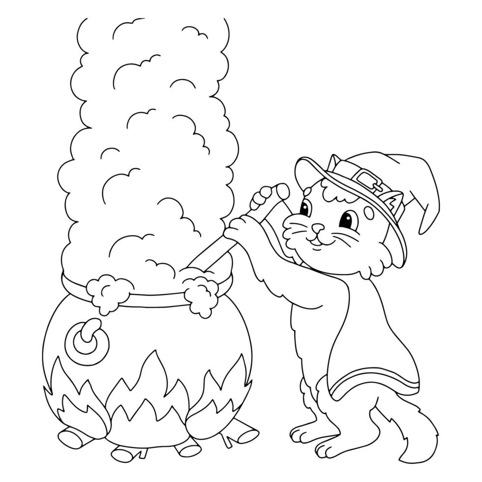 The cat is brewing a potion in a large cauldron. Coloring book page for kids. Cartoon style character. Vector illustration isolated on white background.