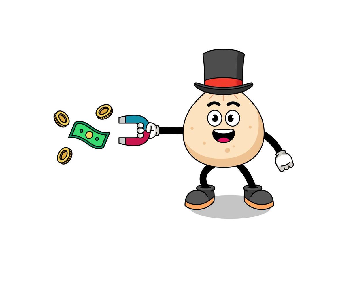 ilustración de personaje de bollo de carne atrapando dinero con un imán vector