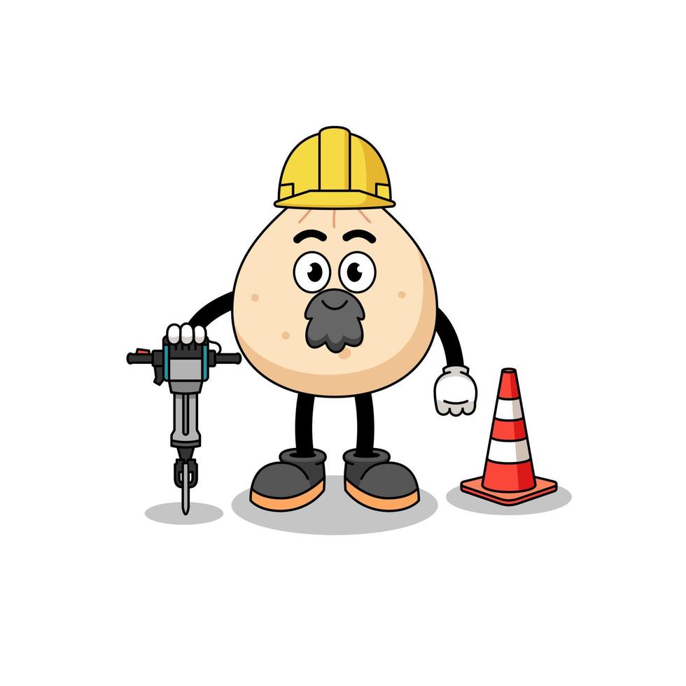 Character cartoon of meat bun working on road construction vector