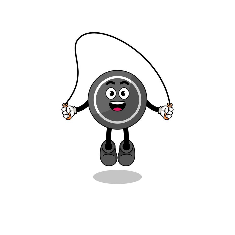 hockey puck mascot cartoon is playing skipping rope vector