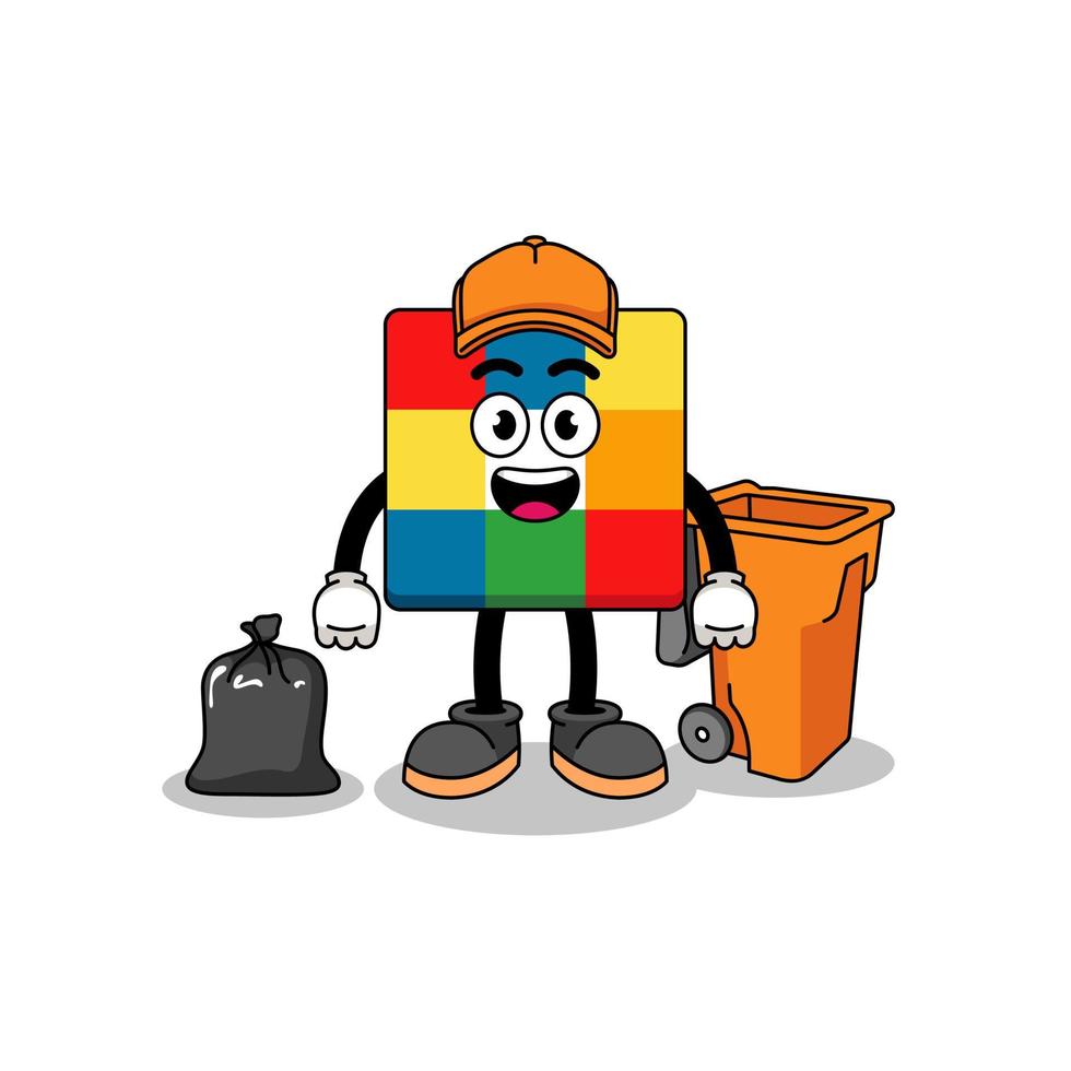 Illustration of cube puzzle cartoon as a garbage collector vector