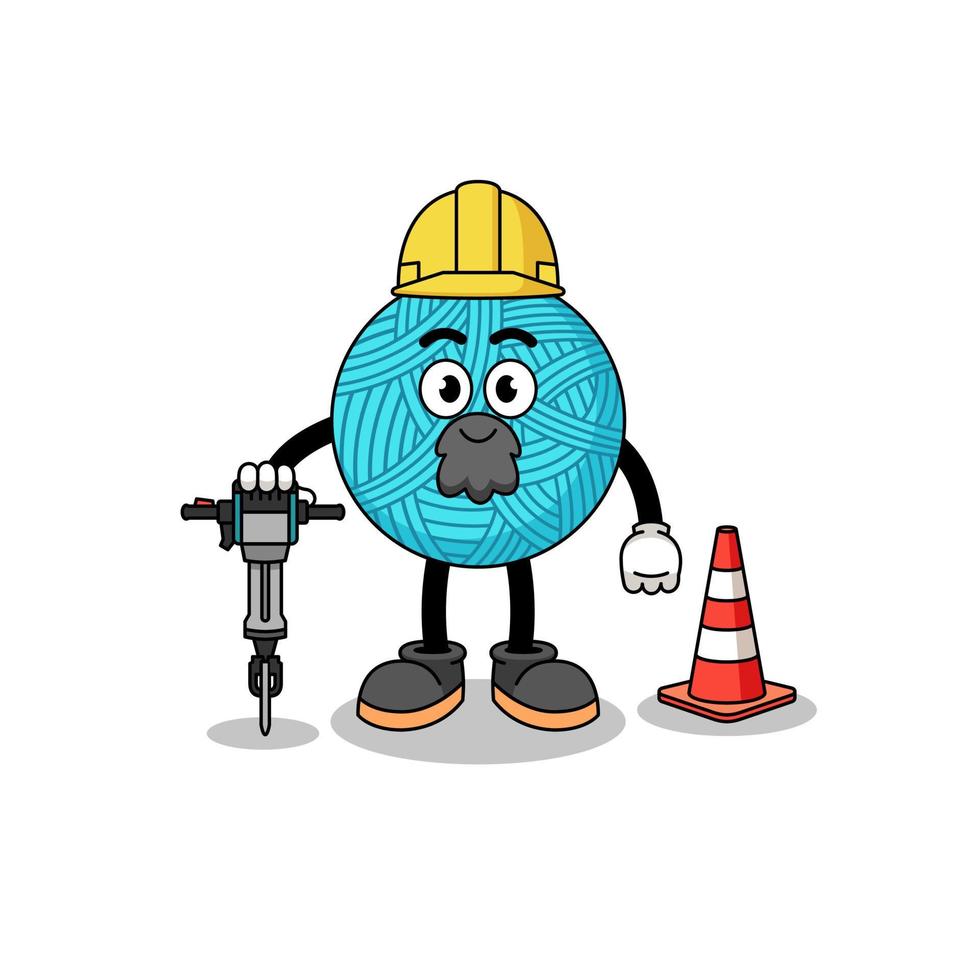 Character cartoon of yarn ball working on road construction vector