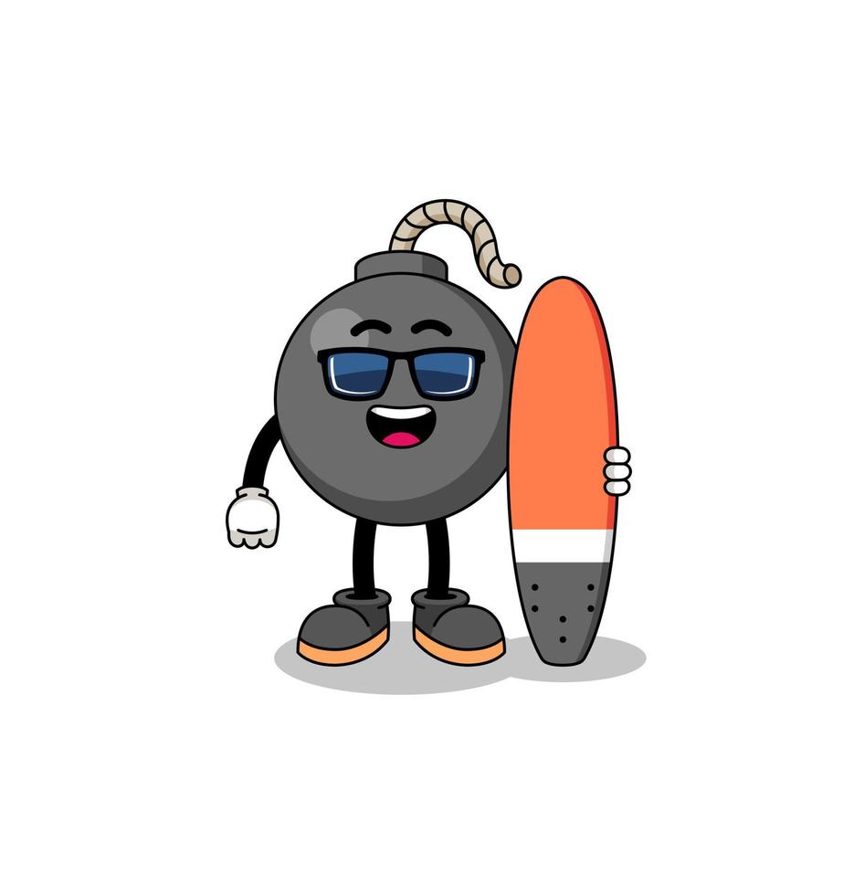 caricatura de mascota de bomba como surfista vector