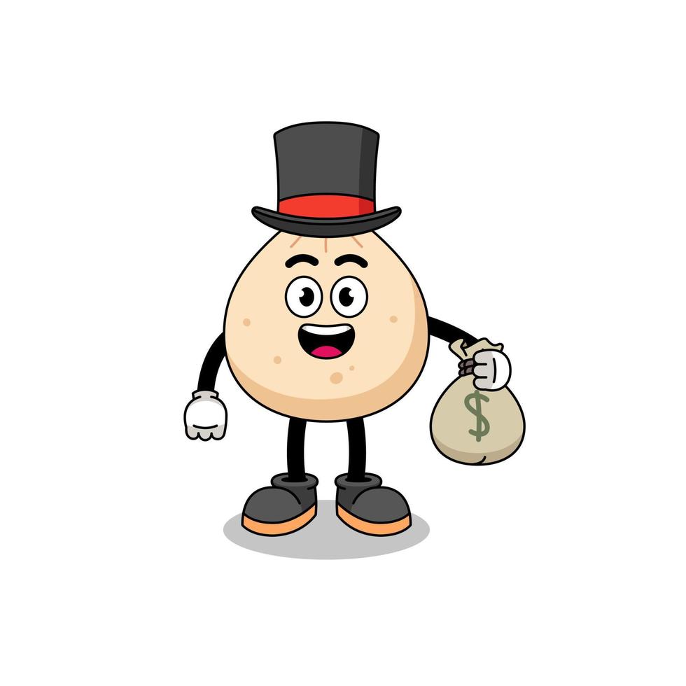 meat bun mascot illustration rich man holding a money sack vector