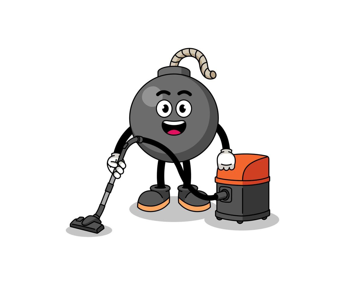 Character mascot of bomb holding vacuum cleaner vector