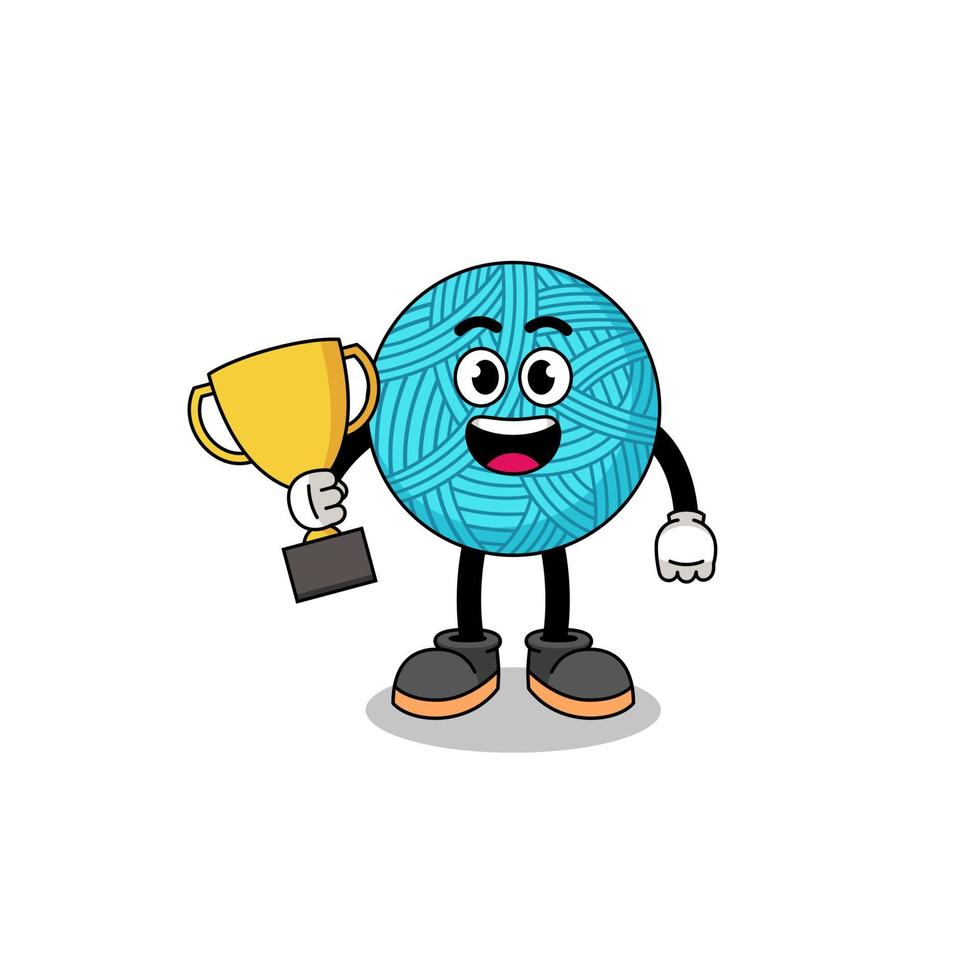 Cartoon mascot of yarn ball holding a trophy vector