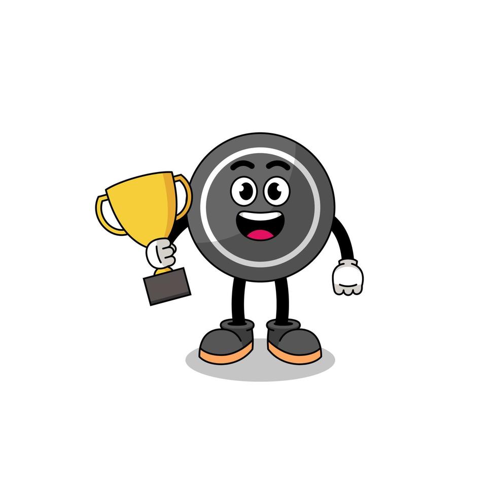 Cartoon mascot of hockey puck holding a trophy vector