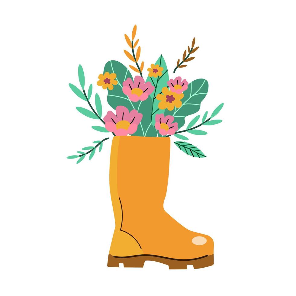 Spring illustration of a yellow shoe with a bouquet of flowers. vector