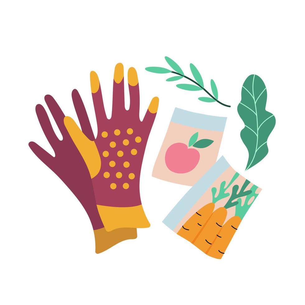 Protective gloves and seeds for planting on a white background. vector