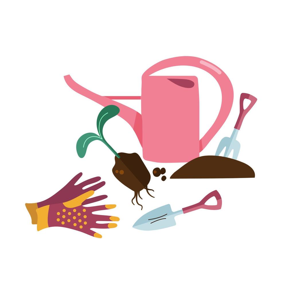 Garden supplies watering can, seedlings, gloves and seeds. vector