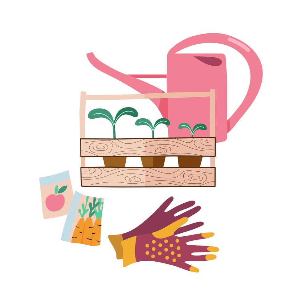 Garden supplies watering can, seedlings in a box, gloves and seeds. vector