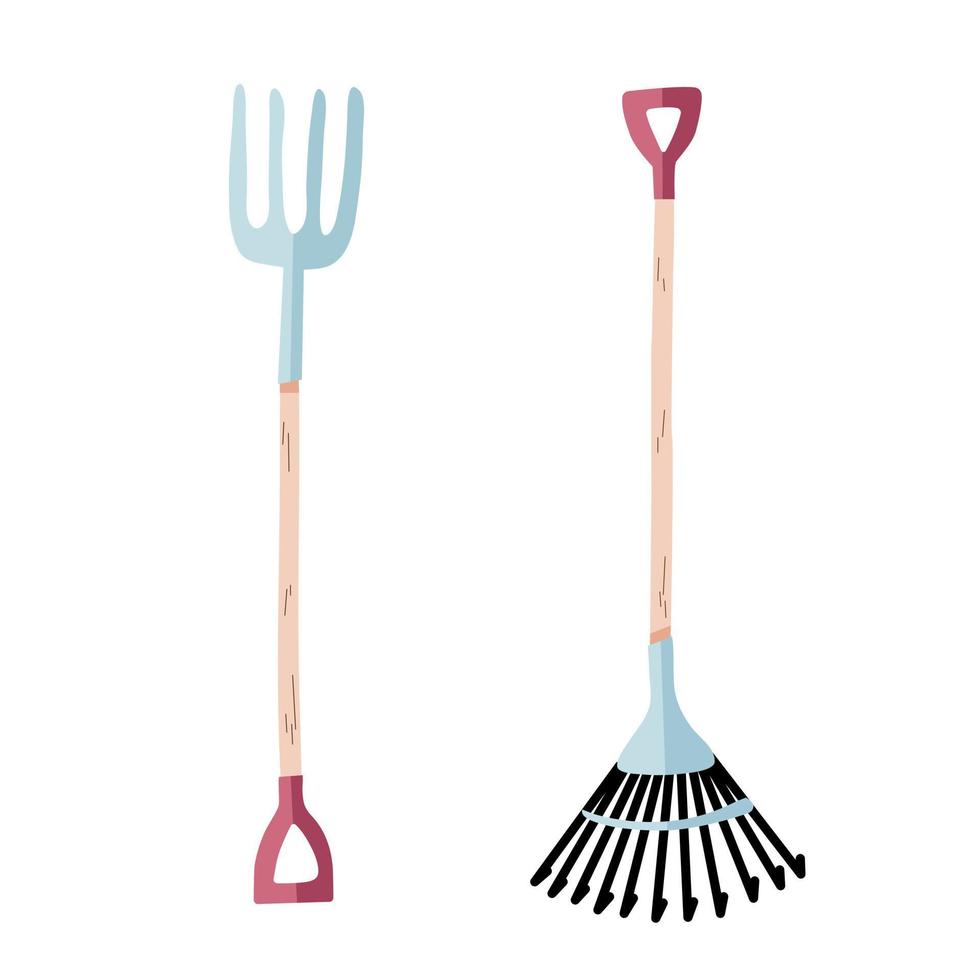 Garden tools pitchfork and rake on a white background. vector