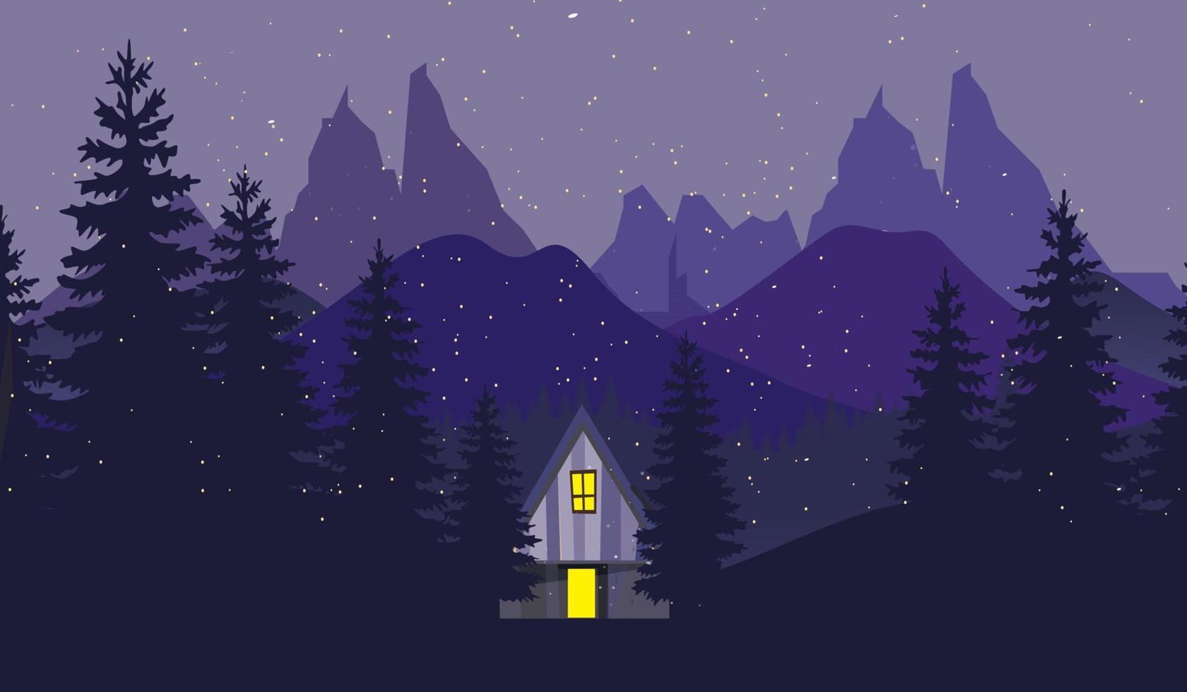 paisaje de invierno nocturno vectorial con fondo de casa y bosque. vector