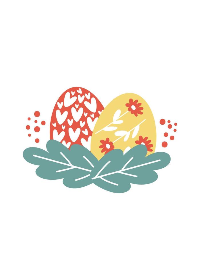 Greeting card with Easter eggs and flower bouquet. Vector illustration for poster or print
