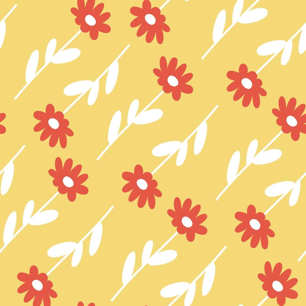 Spring vector red flowers on a yellow background.  Seamless floral pattern for fabric.